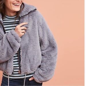 Elevenses Bristol Blue Gray Faux Fur Zip Bomber Jacket